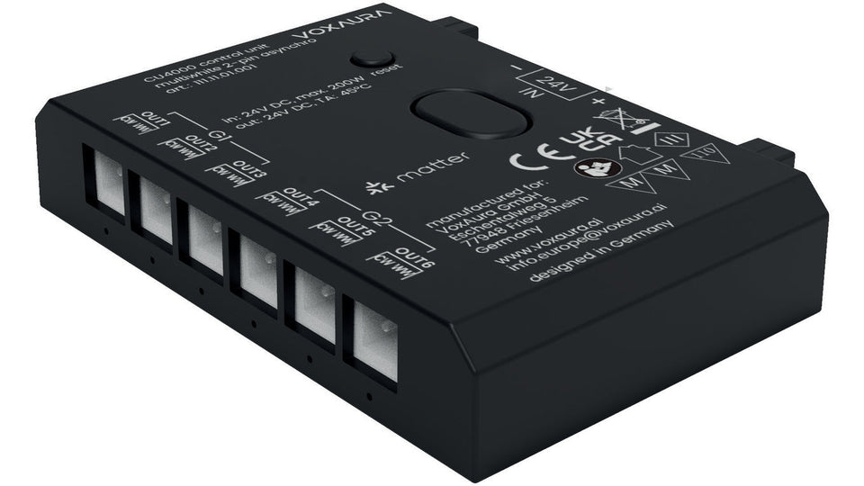 VoxAura CU4000 control unit showing its output connectors and pairing controls.