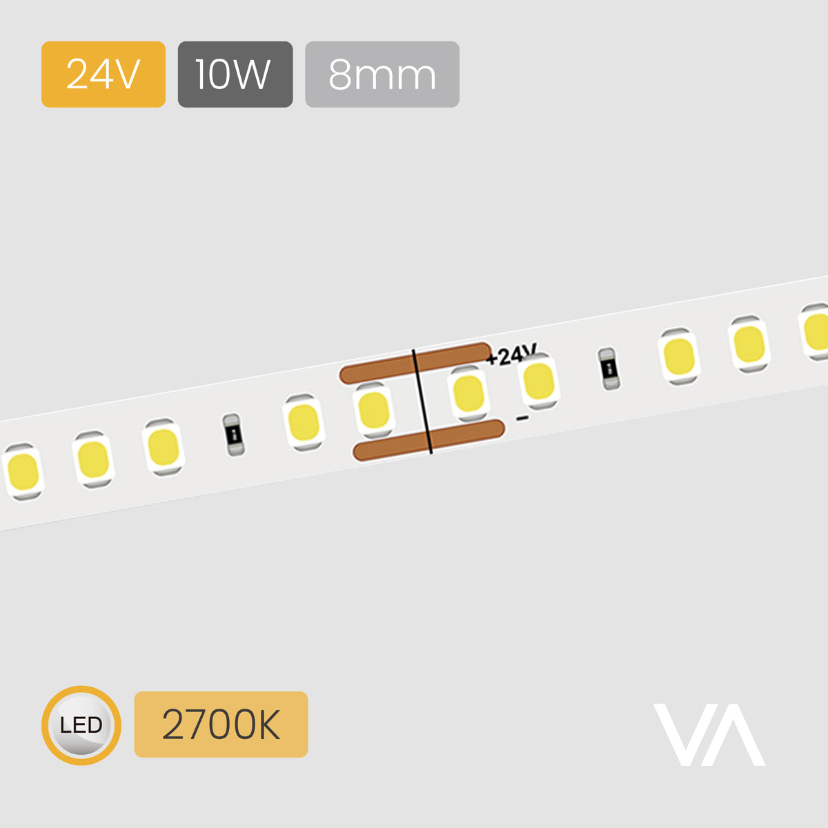 [VOXAURA] SMD LED-Ribbon, LS4004, 24V, 10W/m, 8mm, 2-pin Monochrome, 128 LEDs/m, IP20, 5m