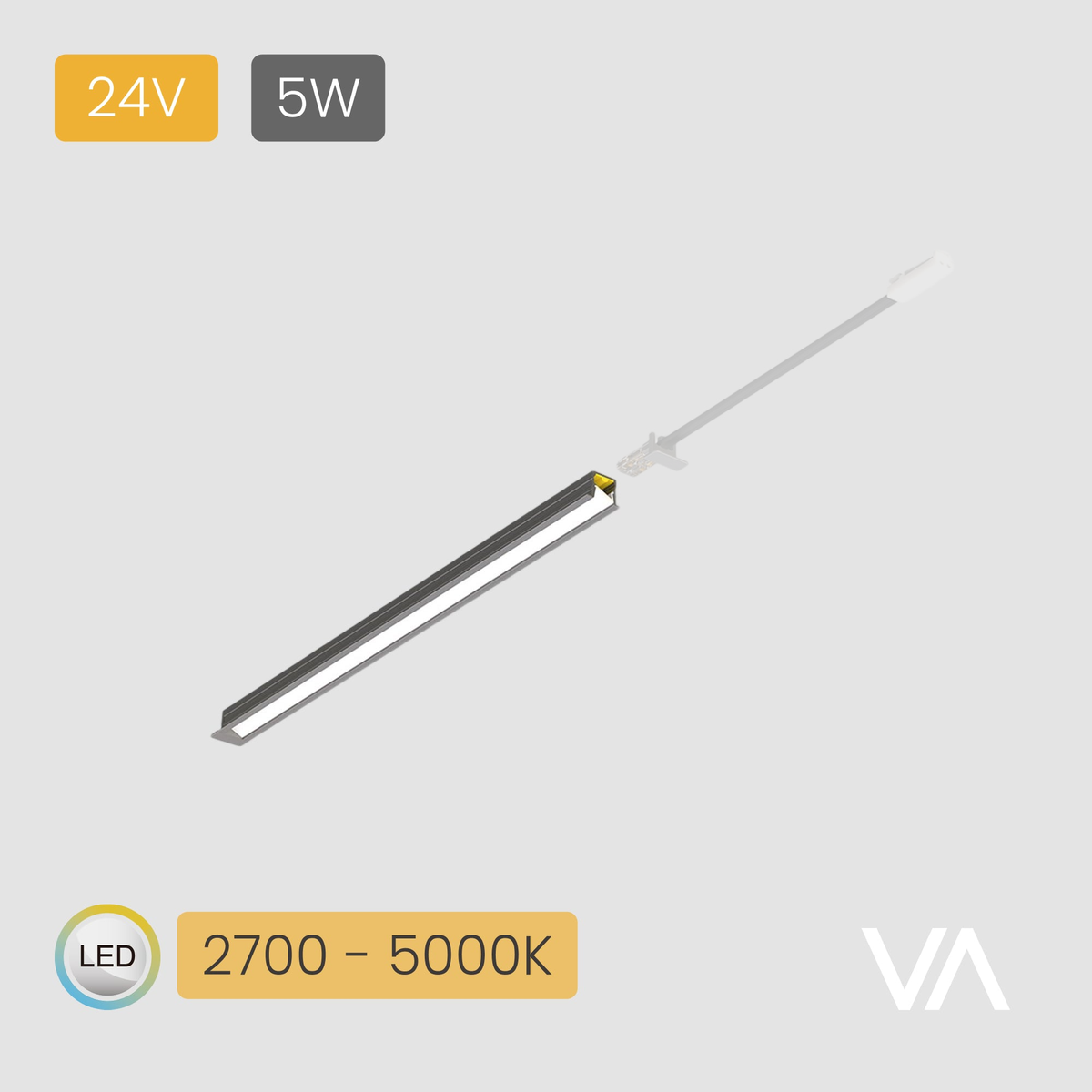 VOXAURA PL4000 linear light — connection accessory shown at reduced opacity