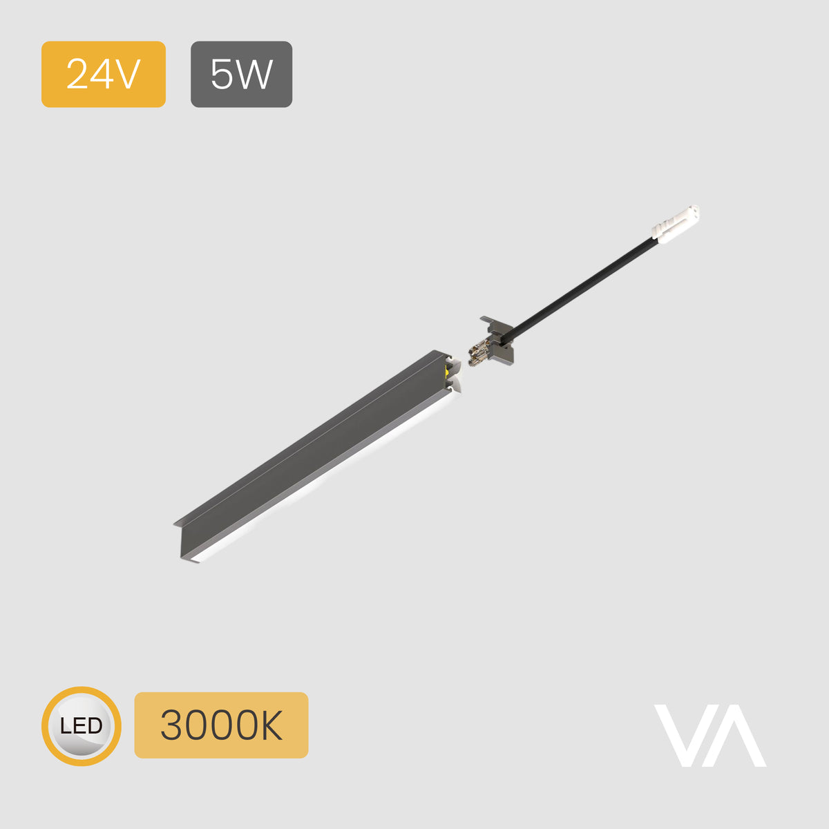 [VOXAURA] Rear-mounted Linear Light, PL4002, 24V, 5W/m, 2-pin Monochrome, 320 LEDs/m, IP20, 3m, Silver-grey