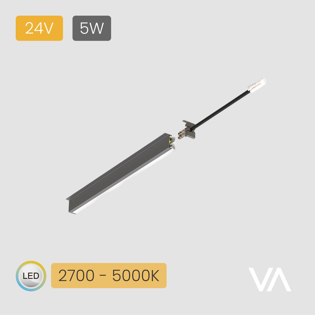 [VOXAURA] Rear-mounted Linear Light, PL4002, 24V, 5W/s, 2-pin Multi-white, 2700-5000K, 640 LEDs/m, IP20, 3m, Silver-grey