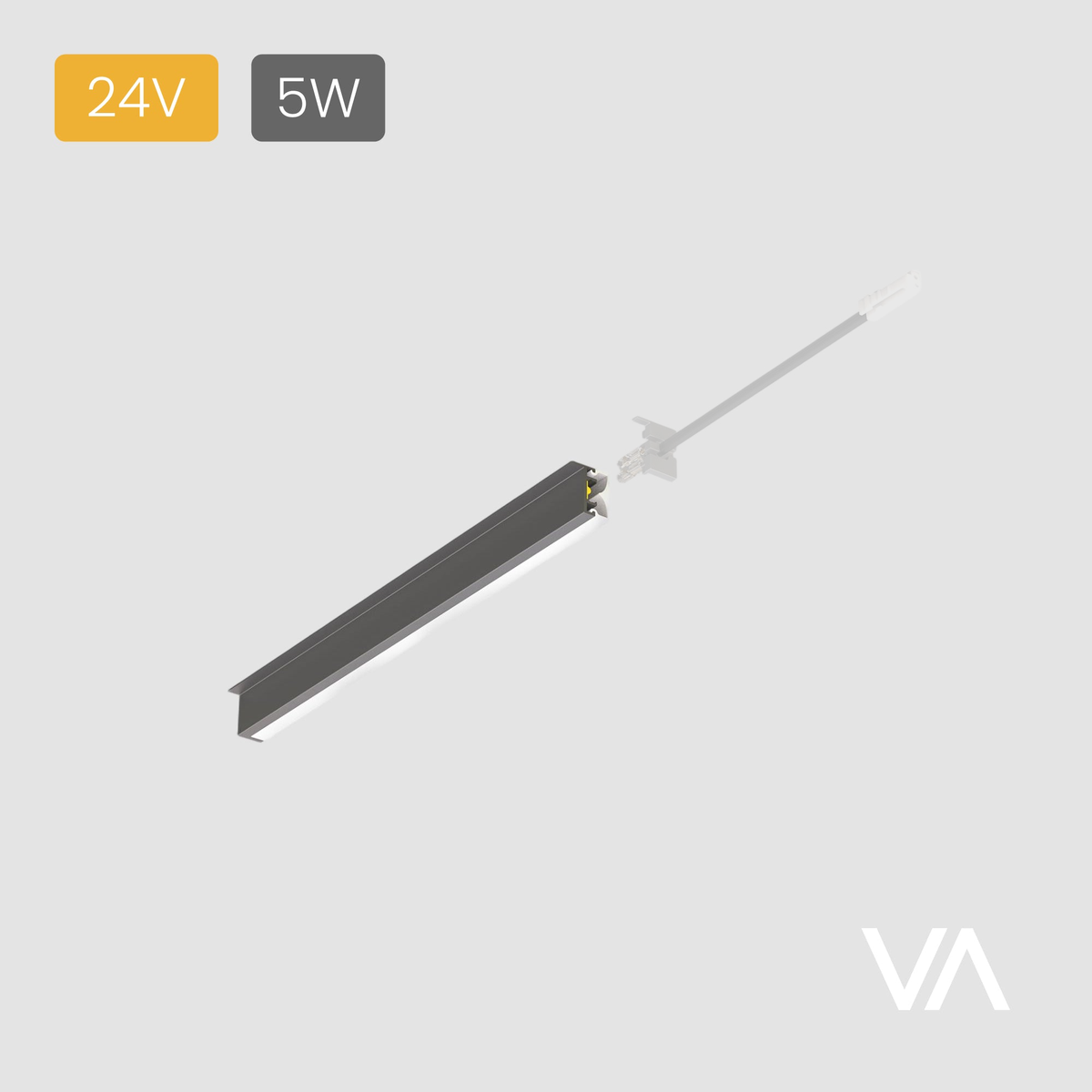 VOXAURA PL4002 linear light — connection accessory shown at reduced opacity
