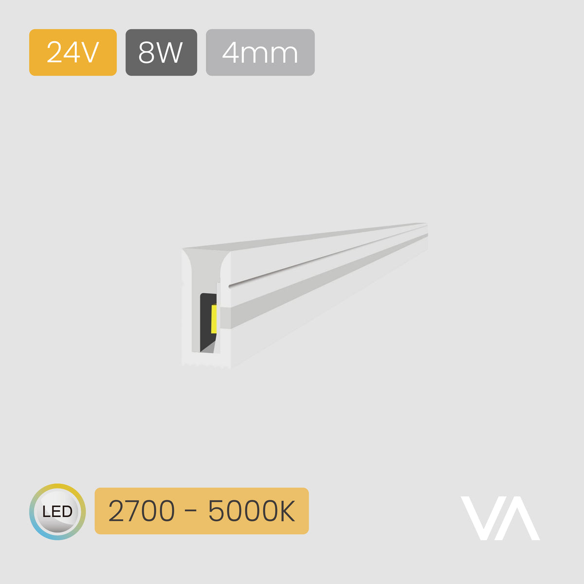 VOXAURA Silicone LED-Ribbon, LS4040, 24V, 8W/m, 4mm, Multi-white, 2-pin 2700-5000K, 640 LEDs/m, IP44, 5m
