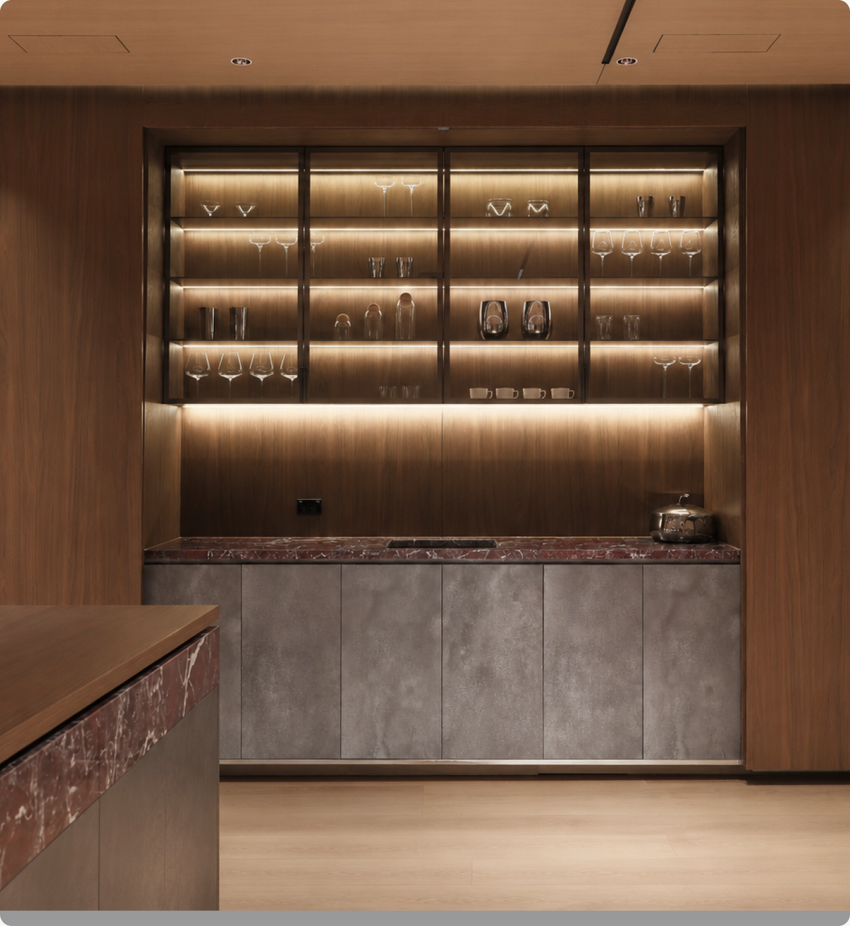 Cabinet illuminated by VOXAURA lighting