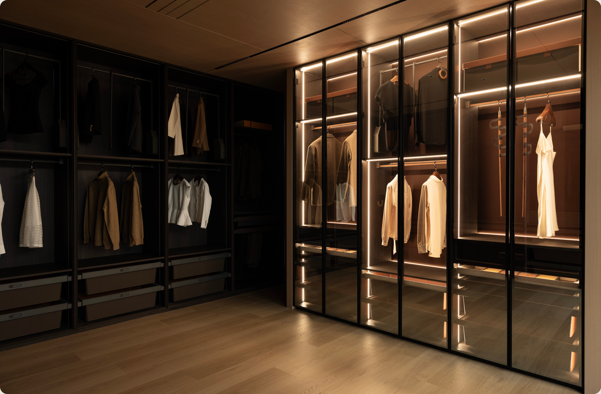 Lights on: the organised wardrobe is revealed
